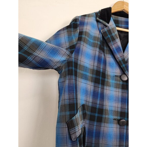 Vtg 60s Blue Shadow Plaid Lightweight Long Coat Black Velvet Collar Union Made - Picture 12 of 15
